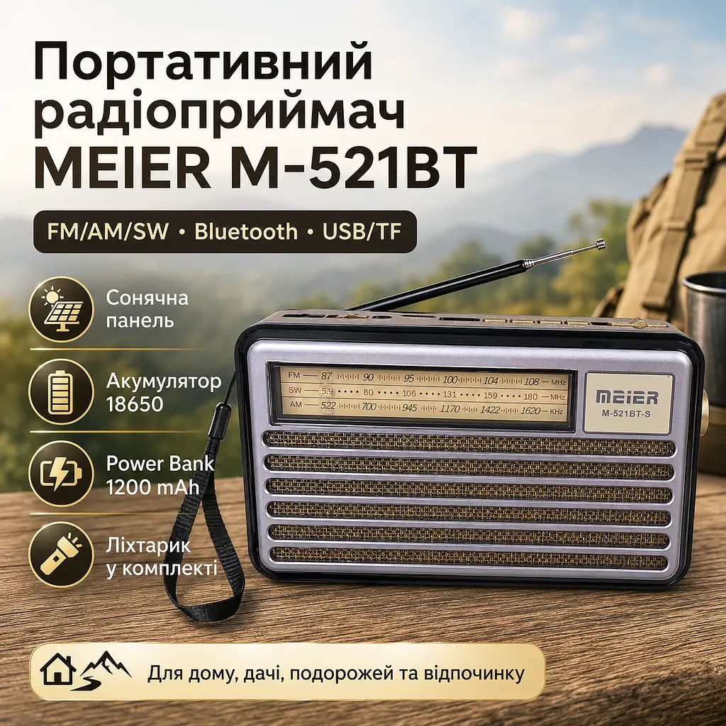 Портативний FM радіоприймач МЕІЕR М-521BT-S FM радіо програвач з флешкою USB на акумуляторі з сонячною батареєю - фото 2