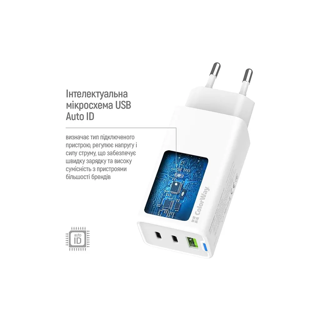 Зарядний пристрій ColorWay GaN Mini 65W PD Port PPS USB (USB-2C1A) white (CW-CHS058PD-WT) - фото 2