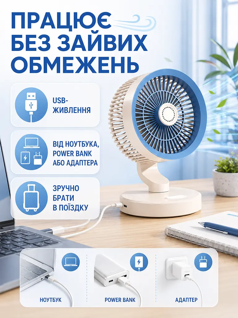 Настільний USB вентилятор біло-синій 5 W з LED-підсвіткою та нічником (49675923) - фото 4