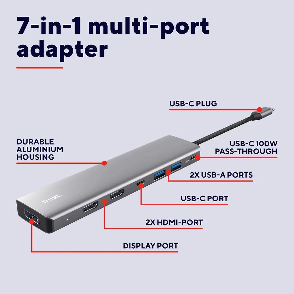USB-Хаб Trust Dalyx 7in1 USB-C 2xUSB-А 3.2/2xUSB-С/2xHDMI/Display Port, Алюміній, 0.16м, Сірий (25661_TRUST) - фото 9