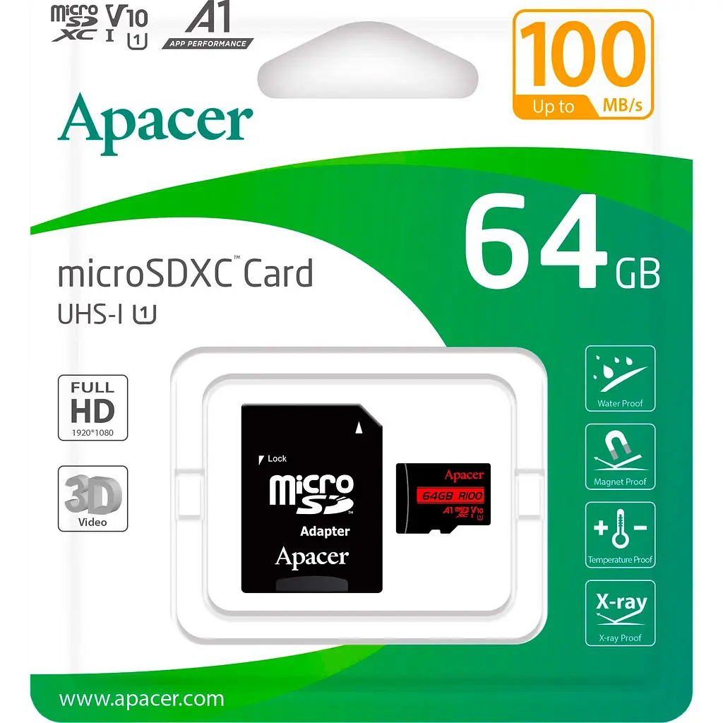 Карта пам'яті Apacer MicroSDXC R100 64GB Class 10 UHS-I/U1 + SD adapter (AP64GMCSX10UB-R) [139259] - фото 4