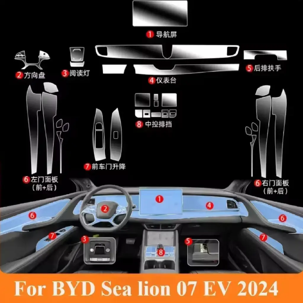 Набір Плівок захисних для салону BYD Sea Lion 07 2024- TPU (Понелі Кансолі Дисплея Ручок) на 8 Секцій - фото 2