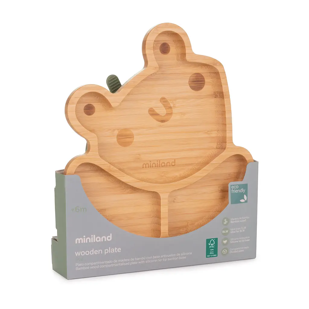 Детская бамбуковая секционная тарелка Miniland Wooden Plate Frog, на присоске, коричневый с зеленым - фото 8