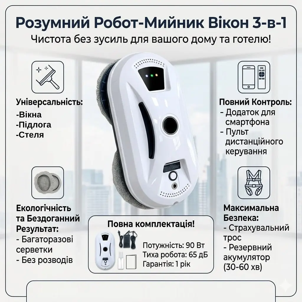 Умный бытовой робот-пылесос для мытья окон пола и потолка 3в1 с пультом управления и приложением для смартфона - фото 3
