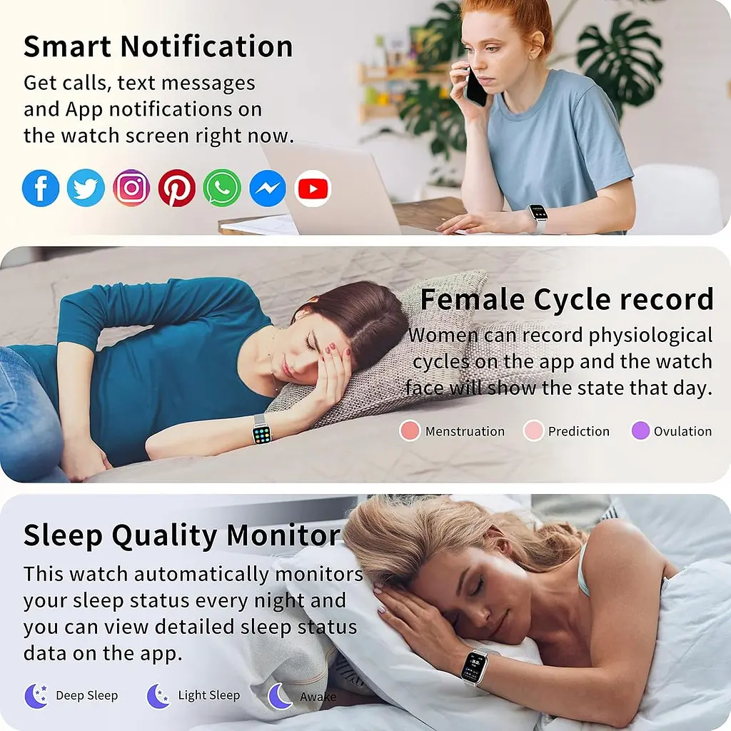Смарт-годинник жіночий Popglory P66 1.85" з Bluetooth-дзвінками, пульсометром, SpO2 та 100+ спортивними режимами - фото 6