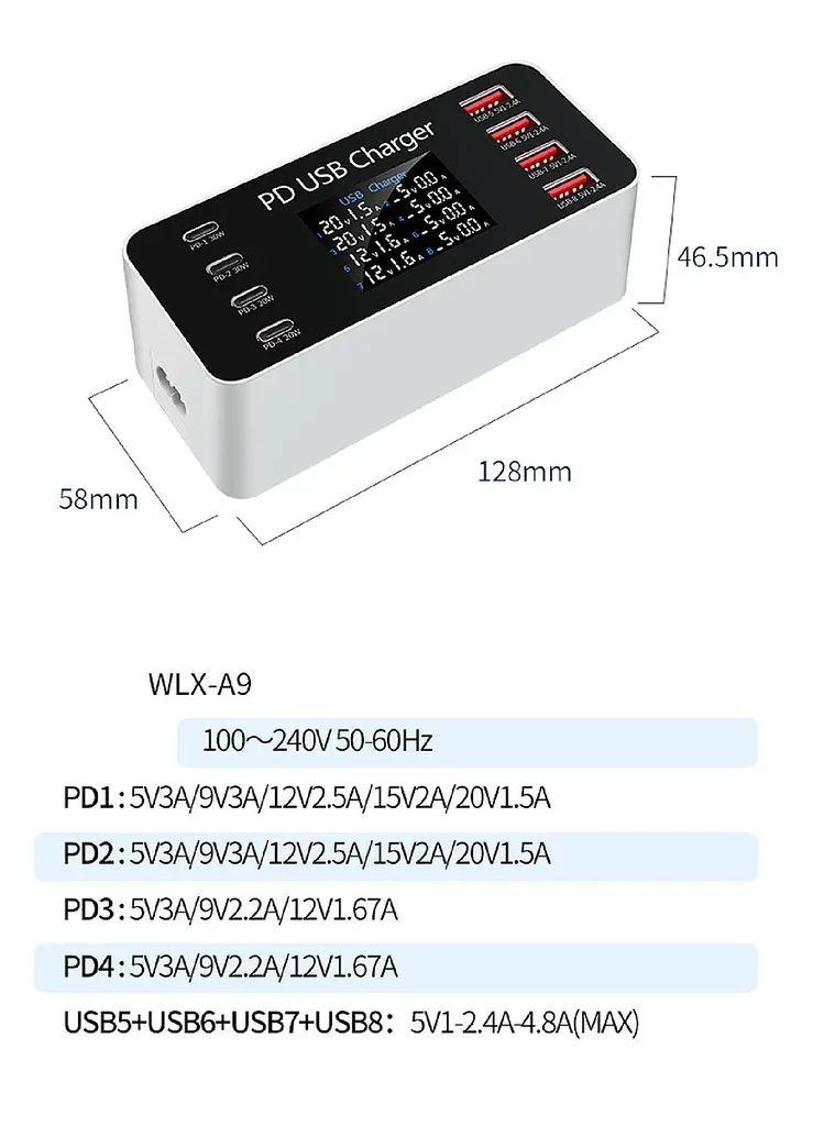 Мультизарядний пристрій Addap 8 портів USB Type-C A9 65 W PD (WLX-A9) - фото 5