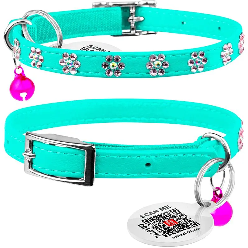 Ошейник для кошек Waudog Glamour Цветочек кожаный с эластичной вставкой и стразами 22-30х0.9 см ментоловый - фото 3