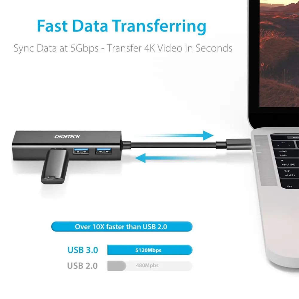 Хаб USB 3.1 -> 3хUSB 3.0+RJ45(1000M) Ethernet 4 in 1 Hub Choetech - фото 3