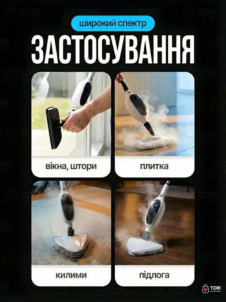 Універсальна парова швабра-пароочисник 2-в-1 багатофункціональна з 8 насадками для миття підлоги та поверхонь 1300 W, Біла - фото 4