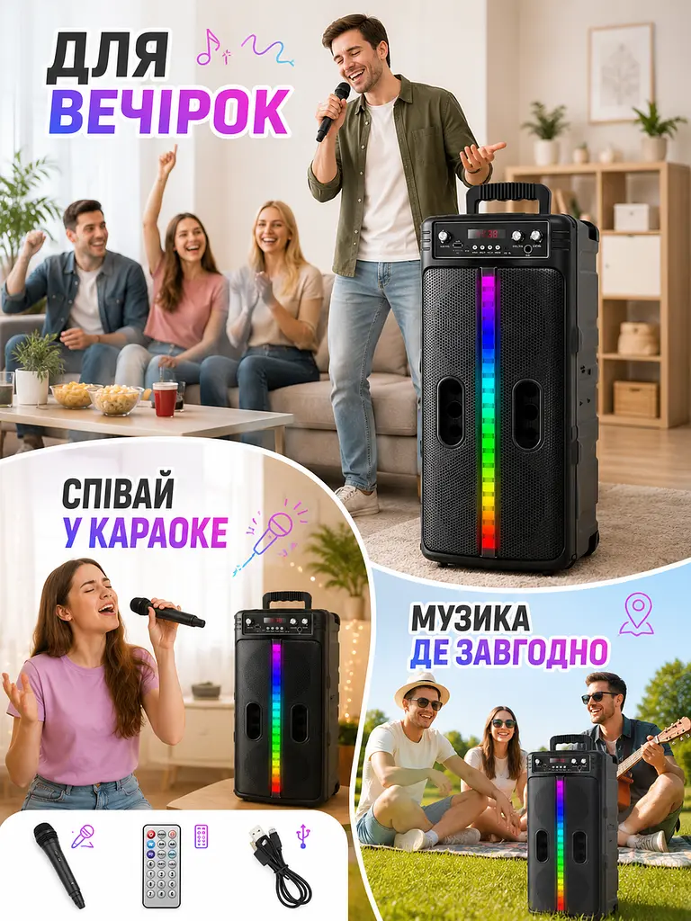 Портативна Bluetooth-колонка чорна 20 Вт з мікрофоном і RGB-підсвічуванням (49676025) - фото 3