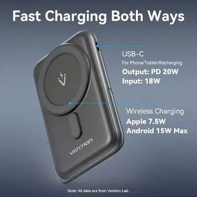 Батарея универсальная Vention Magnetic Wireless 10000mAh 20W PD USB-C In/Out QI-15W Black (FHNB0) - фото 8