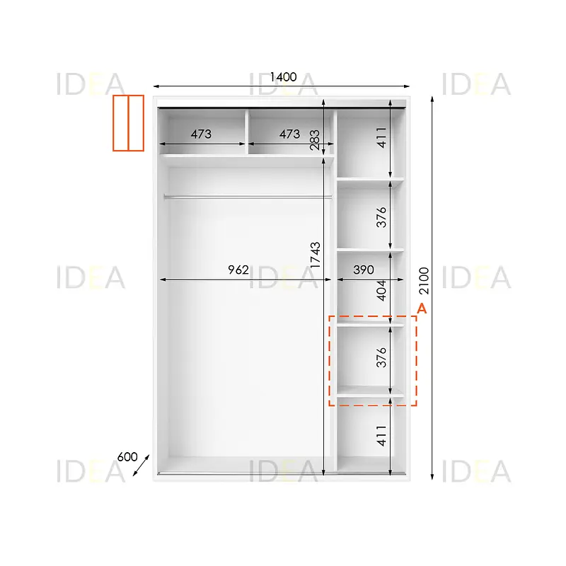 Шафа-купе Idea серія 5 140 x 60 x 210 см Білий Дзеркало - фото 2
