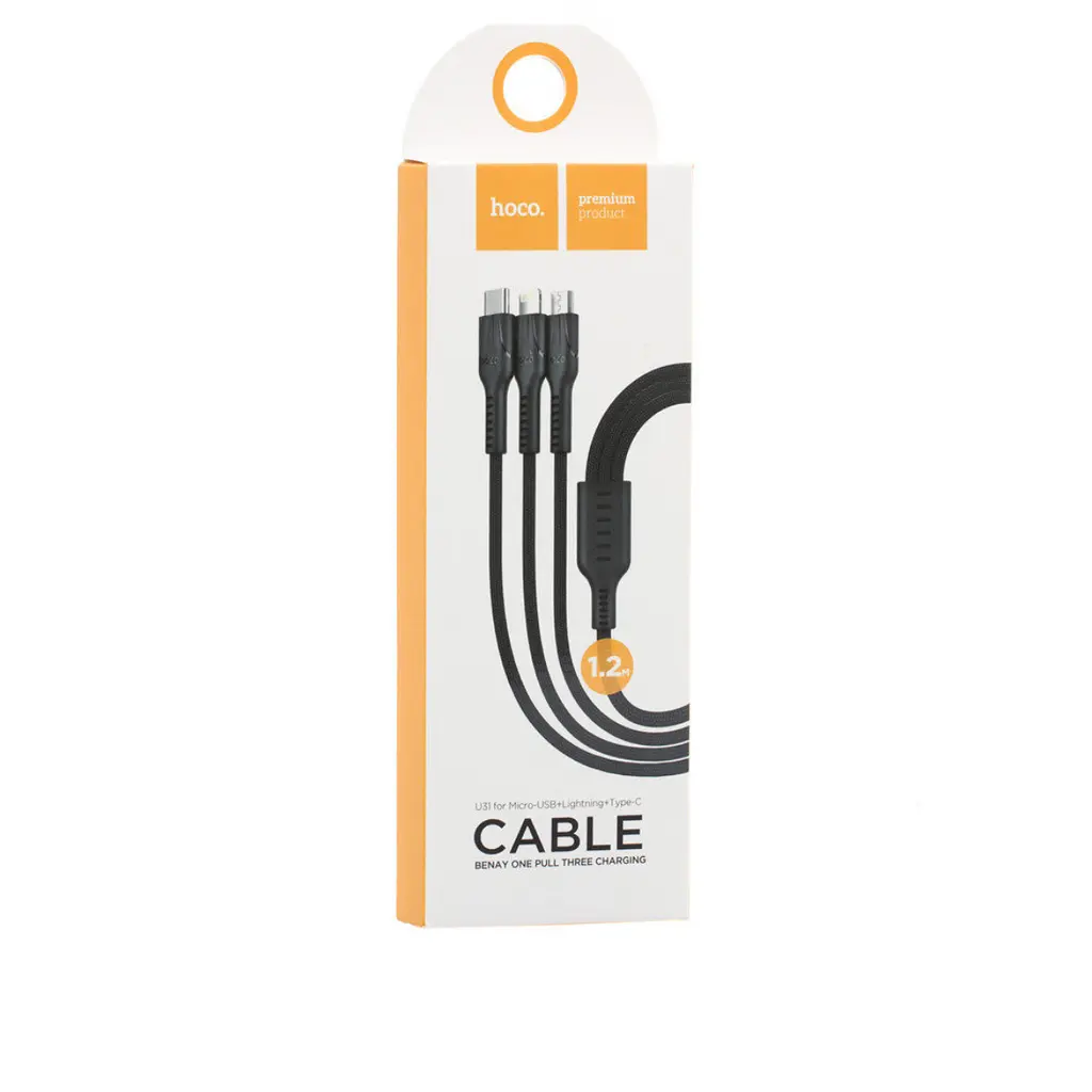 Кабель Hoco U31 Benay one pull three charging cable Lightning + Micro + Type-c Черный - фото 2