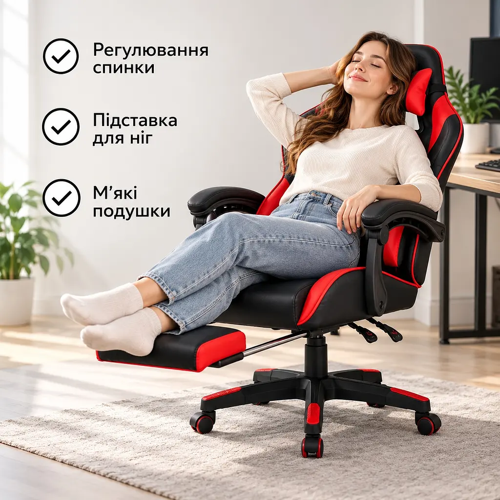 Крісло геймерське з підставкою для ніг та 2 подушками екошкіра чорно-червоне - фото 5