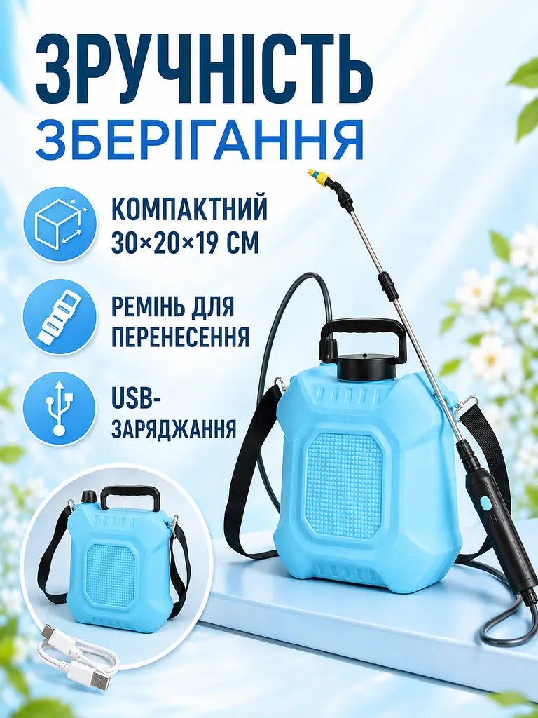 Акумуляторний обприскувач 8 л з телескопічною штангою та USB-заряджанням блакитний (49676087) - фото 5