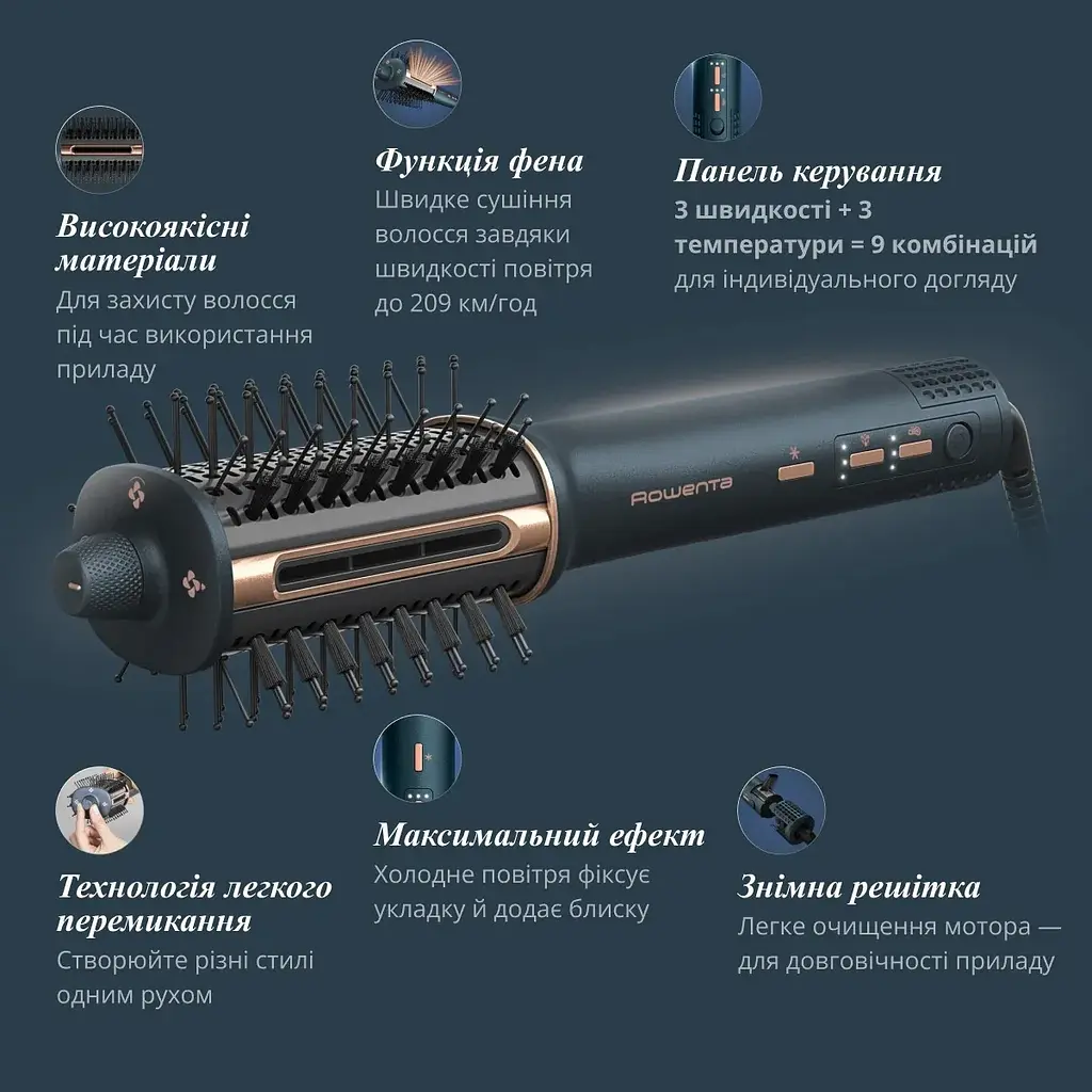Фен Rowenta-щетка Air Brush 3D, 1200Вт, 3 режима, иониз-я, холодный обдув, функция фена, керамика, черно-золотой - фото 5