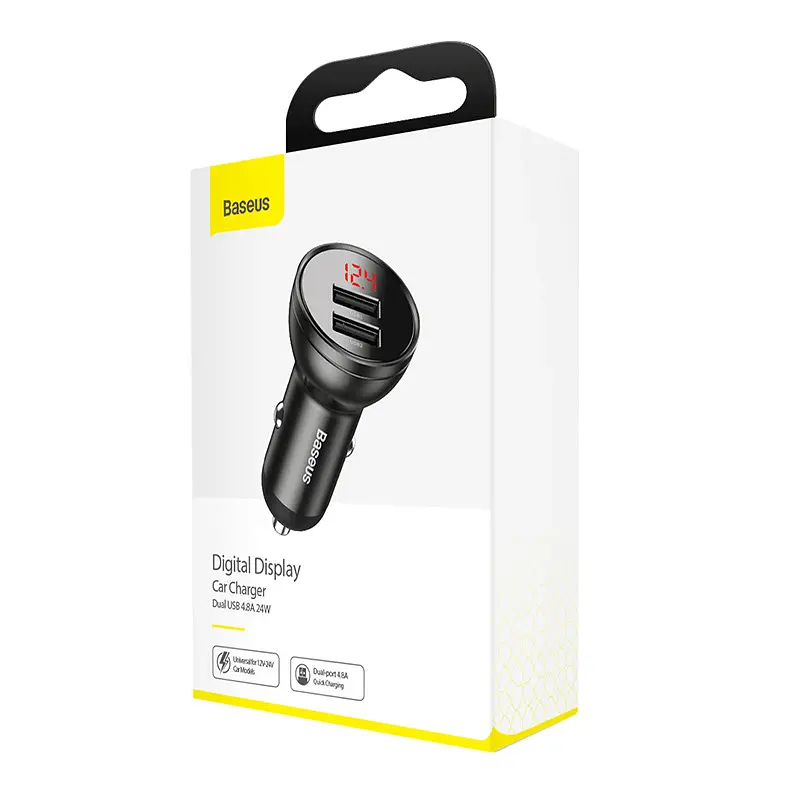 Автомобильное зарядное устройство BASEUS Digital Display Dual USB 4.8A 24W (CCBX-0G) с экраном темно-серое - фото 4