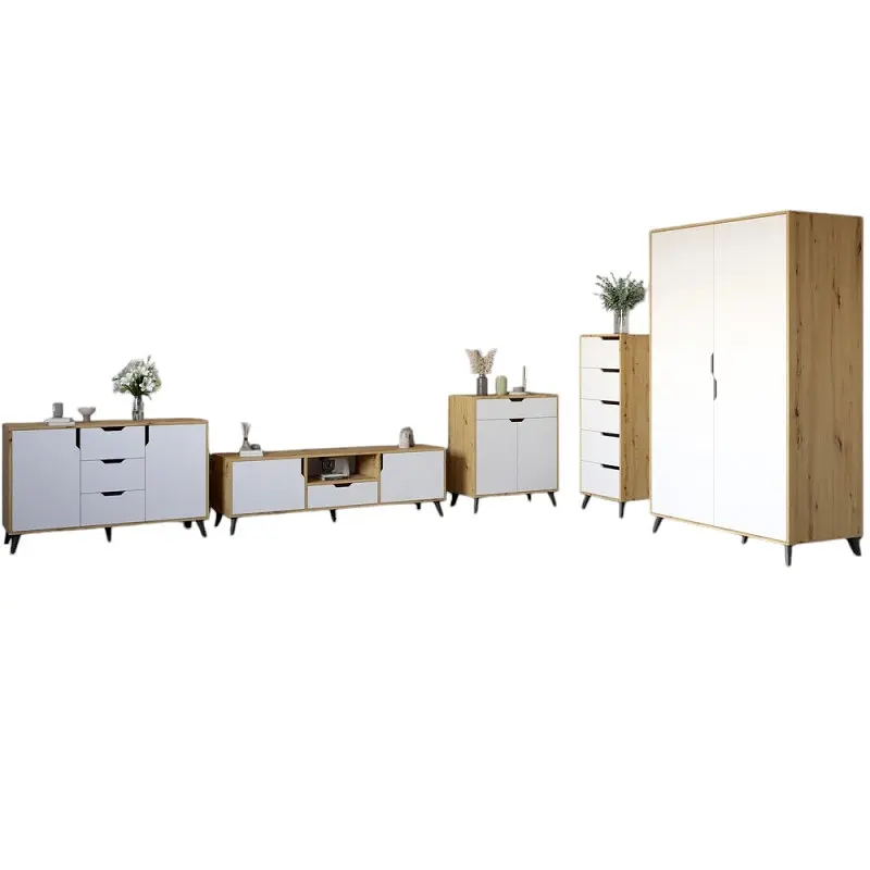 Комплект меблів для вітальні М-ЗОН Борн Дуб Артизан/Німфея Альба (білий) 5 предметів з чорними ніжками (MZN-031074) - фото 2