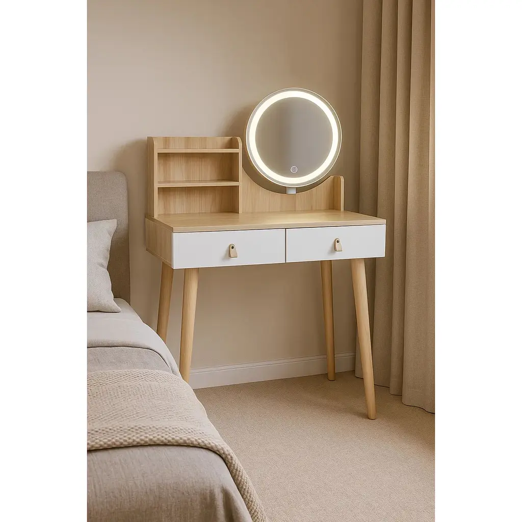 Туалетний столик Jumi Scandi LED підсвітка, з шухлядами, шкіряні ручки, світлий бук - фото 6