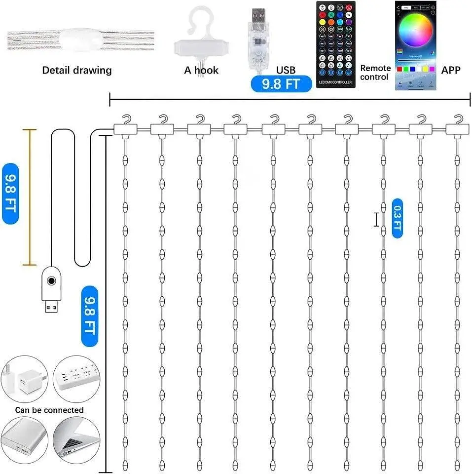 Умная гирлянда-штора Sun Lamp Smart 3x3 м RGB с управлением Bluetooth - фото 2