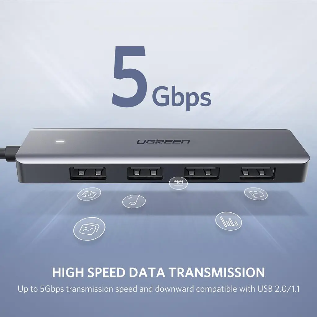 USB Hub UGREEN 4-port 15см USB 3.0 Активний, Metal Plated Shell, Ultra Slim CM219 Сірий - фото 3