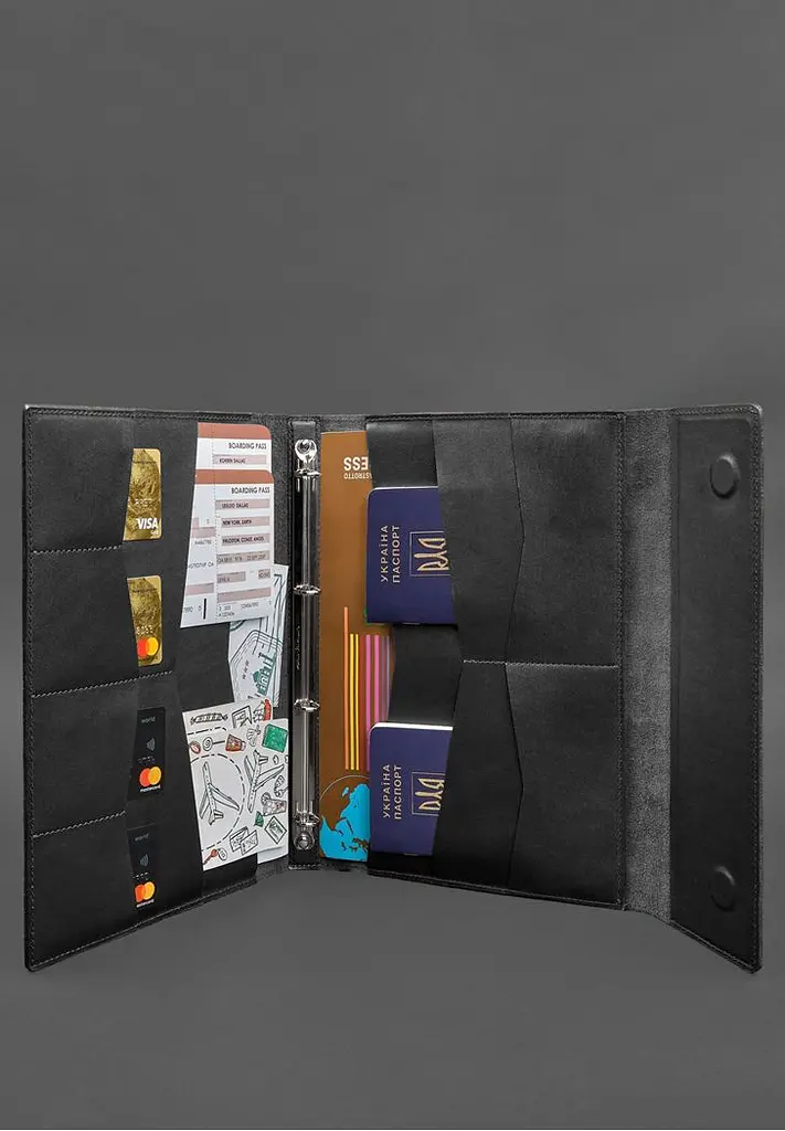 Кожаная папка для документов "Семейная" А4 на сегрегаторе с файлами черная - фото 7