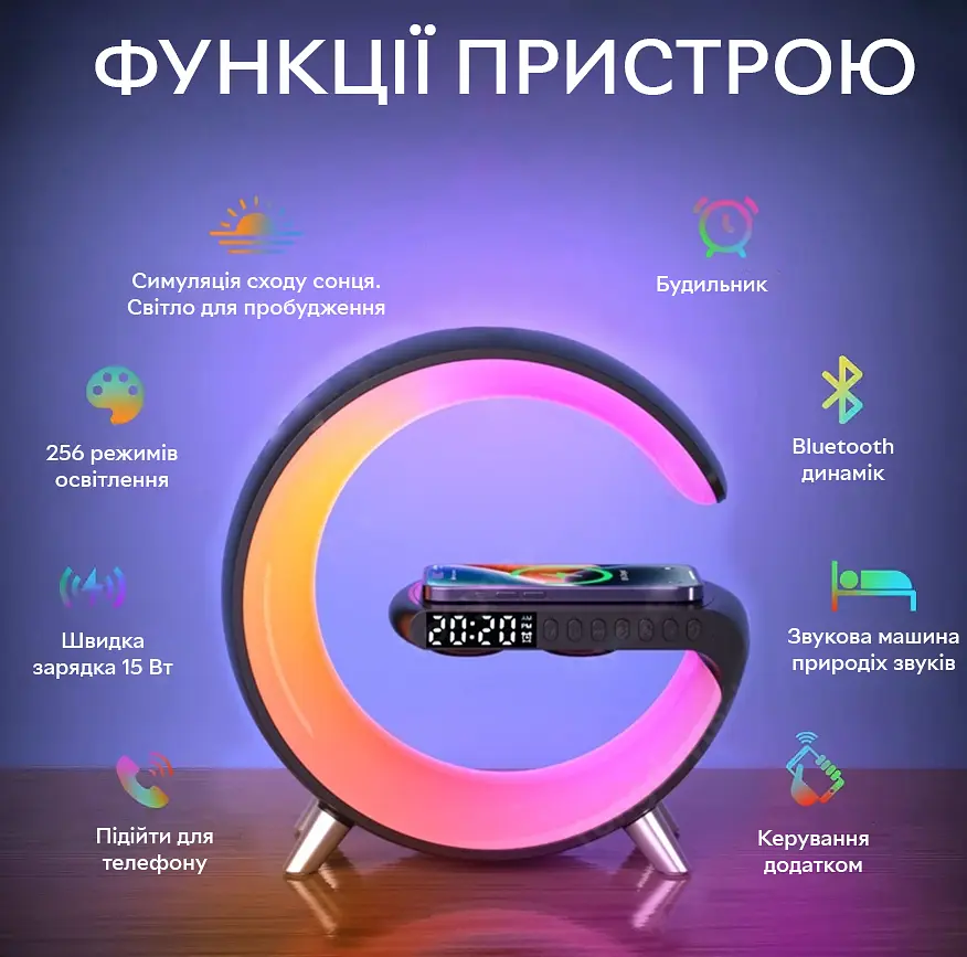 Ночник настольная лампа Happy Light RGB Smart Light Sound Machine с беспроводной зарядкой 15W и Bluetooth колонкой 3W черная - фото 3