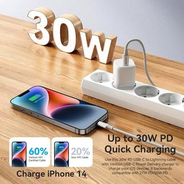Кабель USB 2.0 Type-C M-Lightning M, 1.0 м, PD 27W, PVC, білий Vention - фото 5
