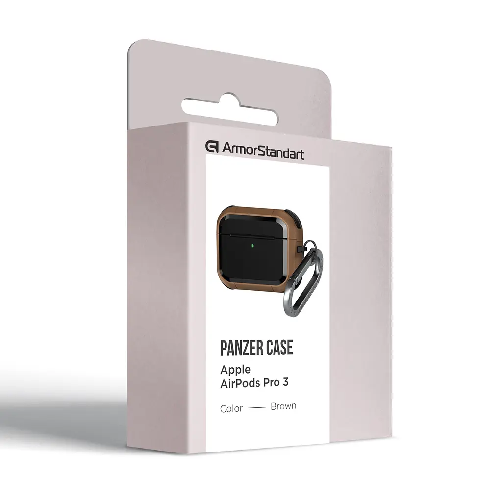 Чохол для навушників Apple AirPods Pro 3, коричневий, Panzer, протиударний захисний кейс з TPU та полікарбонату, посилені стінки, захист від подряпин, пилу та ударів, легкий та компактний, з карабіном для кріплення, ArmorStandart (ARM88287) - фото 2