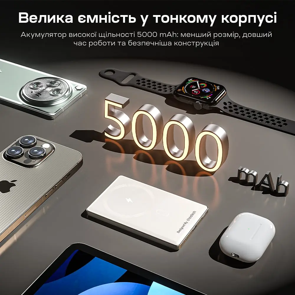 Повербанк 5000mAh Choetech B738 White QC3.0 PD3.0 бездротова магнітна зарядка (43-00160) - фото 6