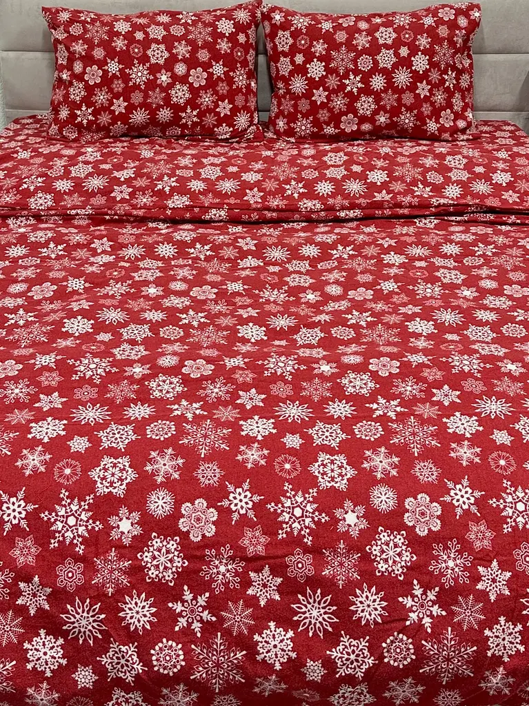 Комплект постільної білизни Ecotton Сімейний 150х215 см теплий із фланелі червоний Сніжинка (24268) - фото 3