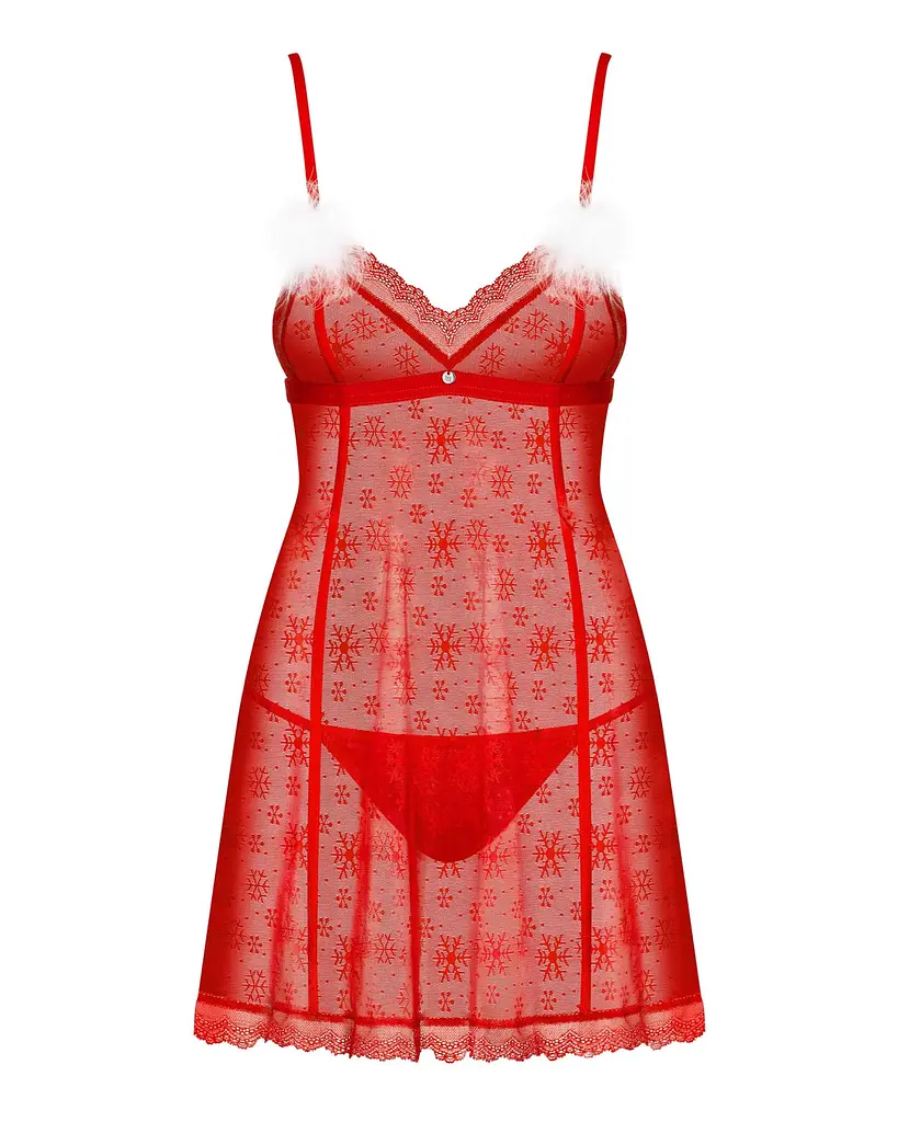 Новорічна сорочка Obsessive Claussica L/XL, червона, прозора з візерунком, стрінги в комплекті - фото 3