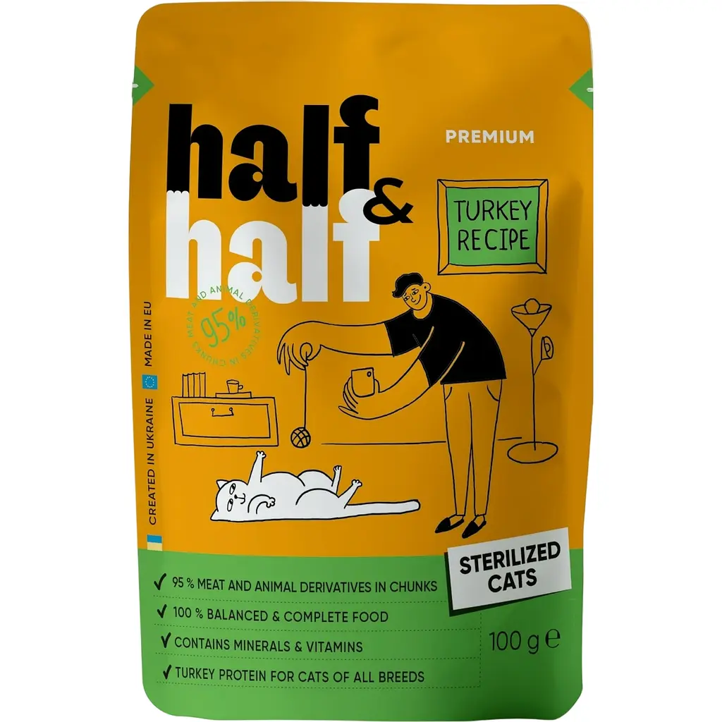Набір вологих кормів для стерилізованих котів Half & Half шматочки з індичкою в желе 600 г (6 шт. х 100 г) - фото 3