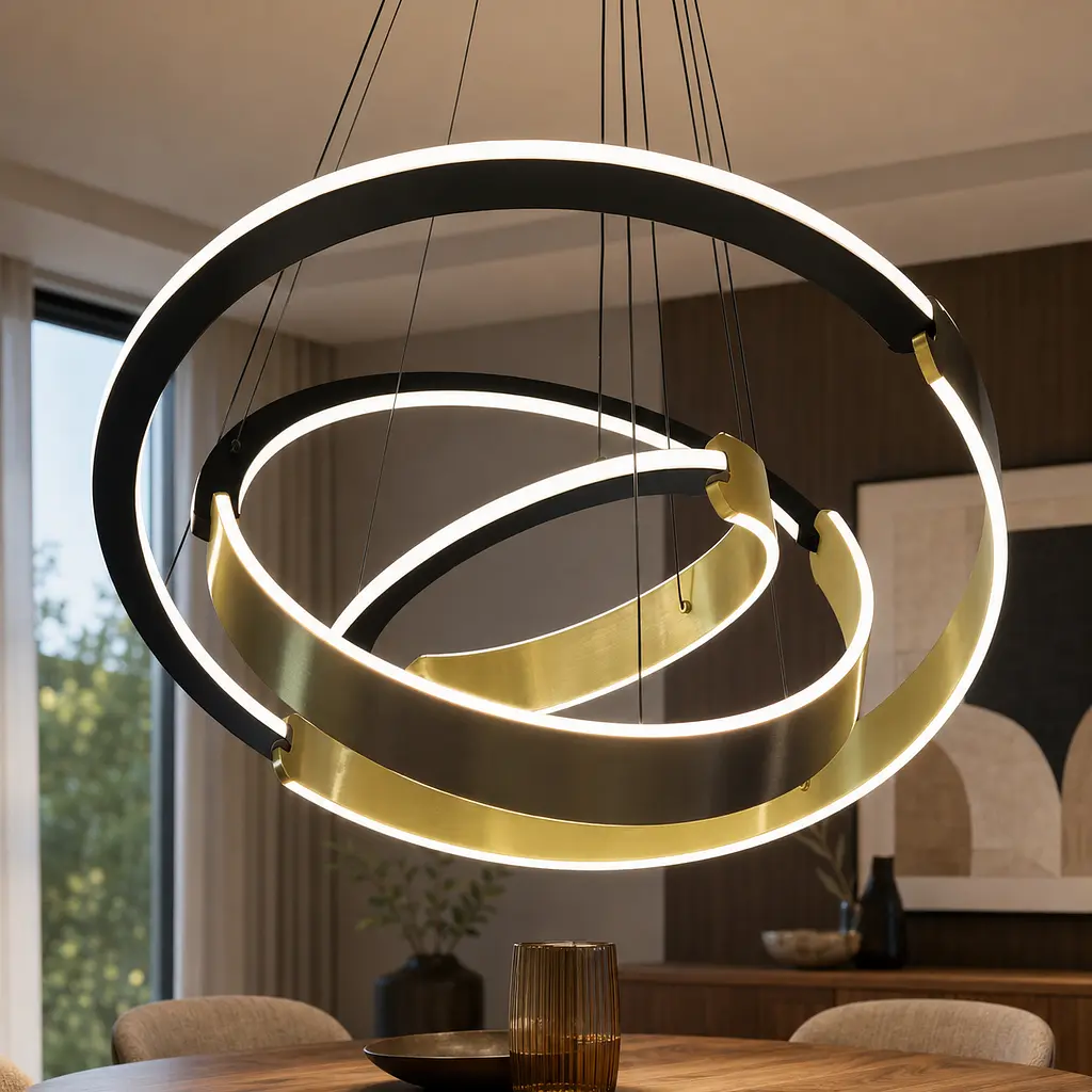 Світлодіодна люстра підвісна Artlight 2301/3 з трьома кільцями в чорно-золотому кольорі.