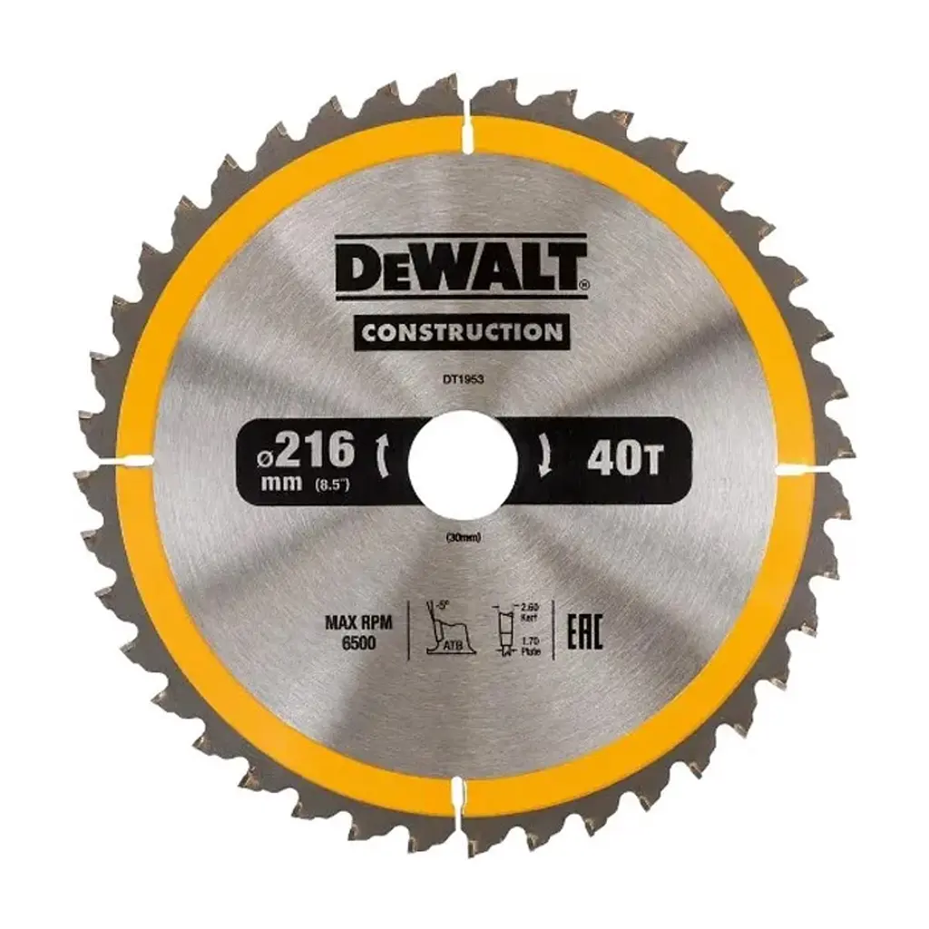 Диск пиляльний DeWALT СONSTRUCTION , 216 х 30, 40 z, АТВ, -5 градусів, універсальне застосування (DT1953)