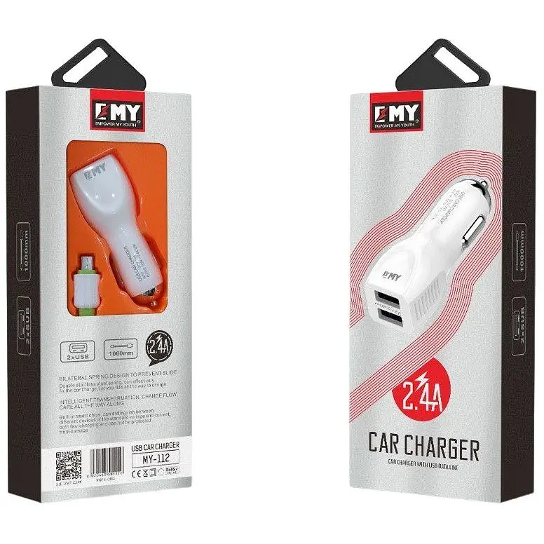 Автомобильное зарядное устройство для EMY MY112 2in1 АЗП With Iphone Cable DC12-24V, 2.4 А, 5V/12W - фото 3