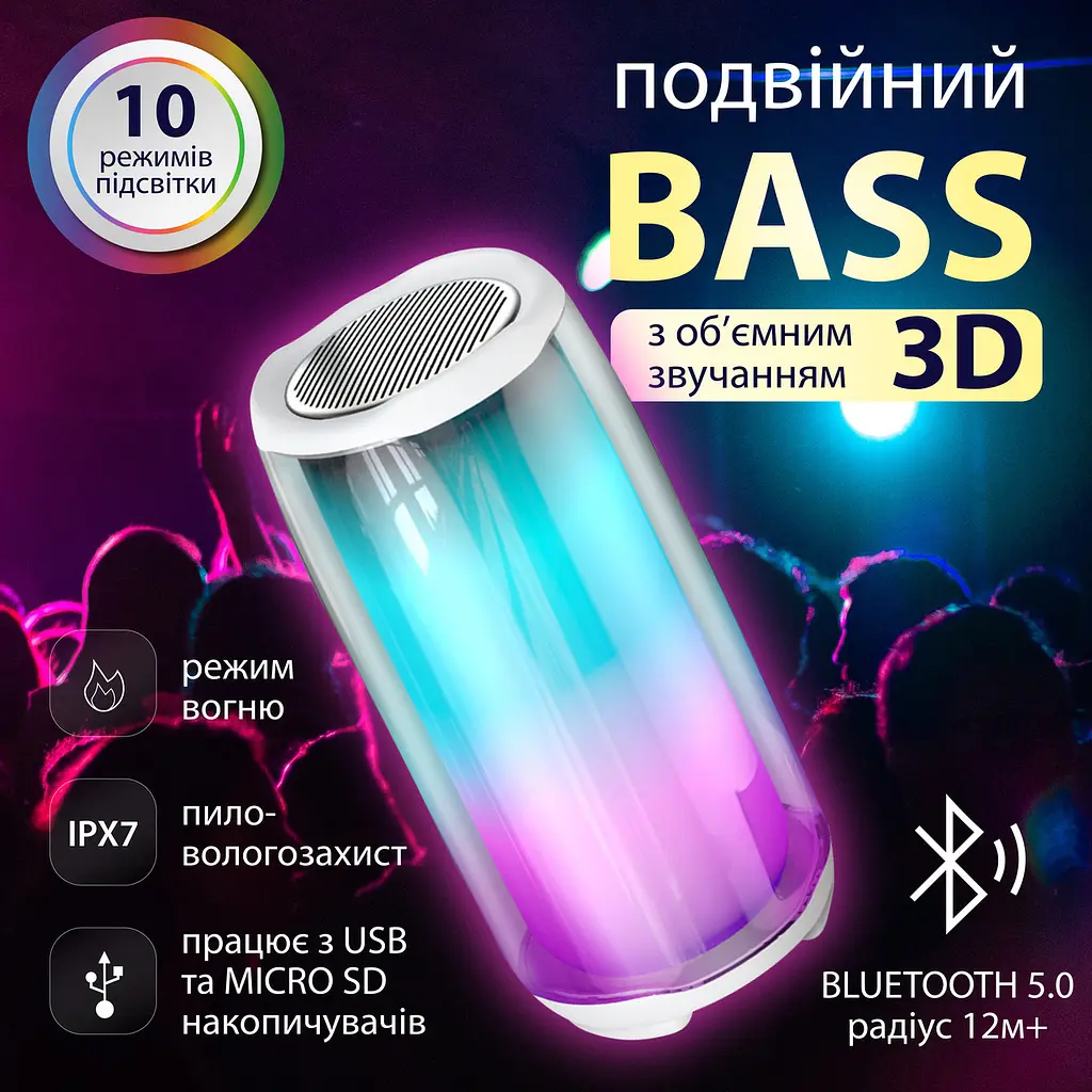 Портативна колонка Pulse 5 BT/TF/FM/AUX/USB з підсвіткою 8 Вт, білий Smart X PULSE5W - фото 10
