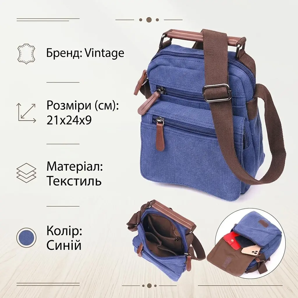 Відмінна чоловіча сумка із щільного текстилю 21228 Vintage синя - фото 3