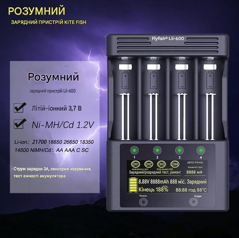 Зарядний пристрій LiitoKala Lii-600 з адаптером від прикурювача, для акумуляторів АА, ААА, 18650, 21700, 26650 Li-ion, Ni-MH, Ni-Cd (19416) - фото 3