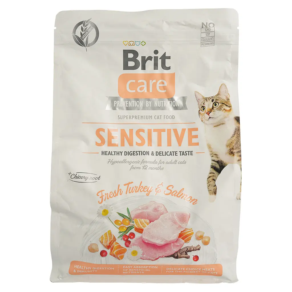 Сухой корм для кошек с чувствительным пищеварением Brit Care Cat GF Sensitive Digestion&Delicate Taste со свежей индейкой и лососем 2 кг - фото 2