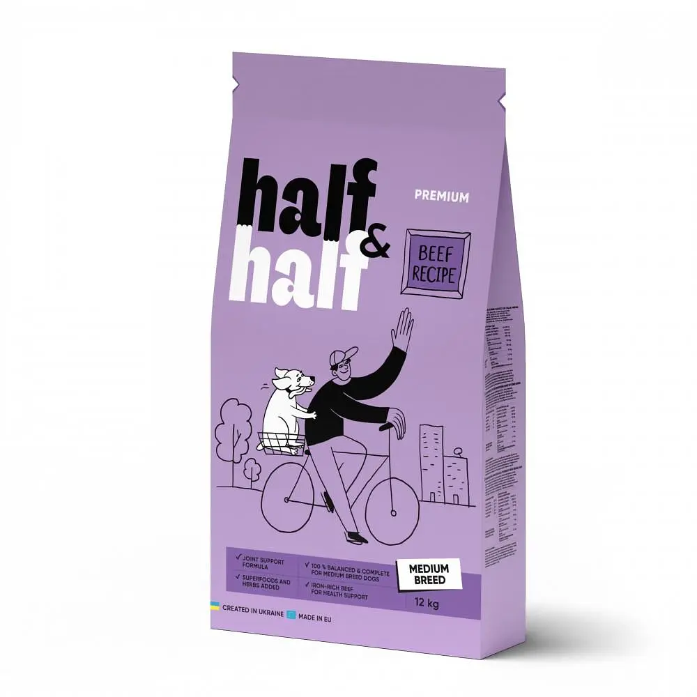 Сухий корм Half&Half Халф Халф для дорослих собак середніх порід, з яловичиною, 12 кг (арт.20758)
