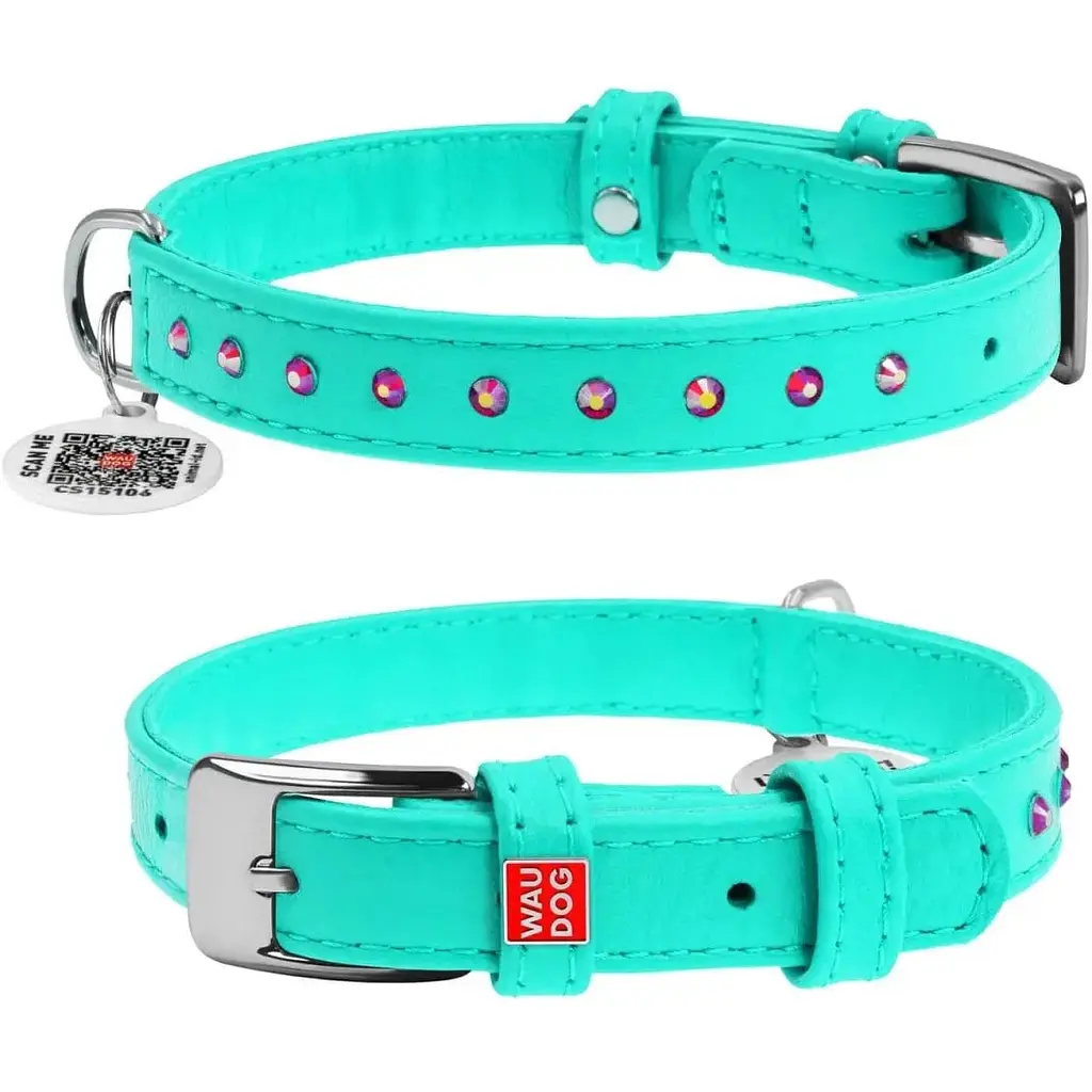 Ошейник для собак Waudog Glamour, кожаный, со стразами, с QR паспортом, S, 21-29х1,2 см, ментоловый - фото 3