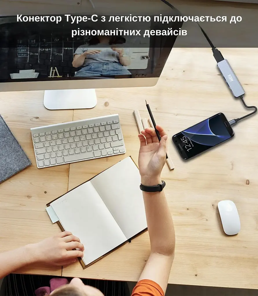 USB-хаб XON SmartHub 6 в 1 (HDMI, SD/TF, Type-C, USB3.0, USB2.0) Сірий (UHCHP062312G 5160) - фото 4