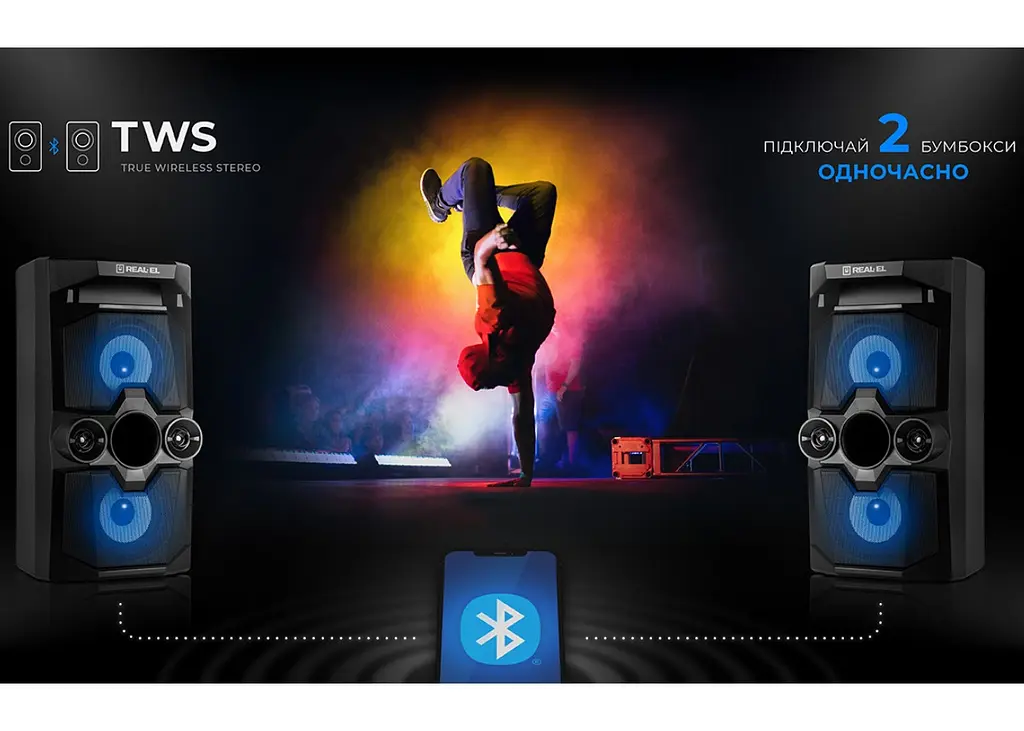 Портативна колонка бумбокс Real-El RX771 Boombox 50W Bluetooth TWS, Караоке, RGB, Чорний - фото 11
