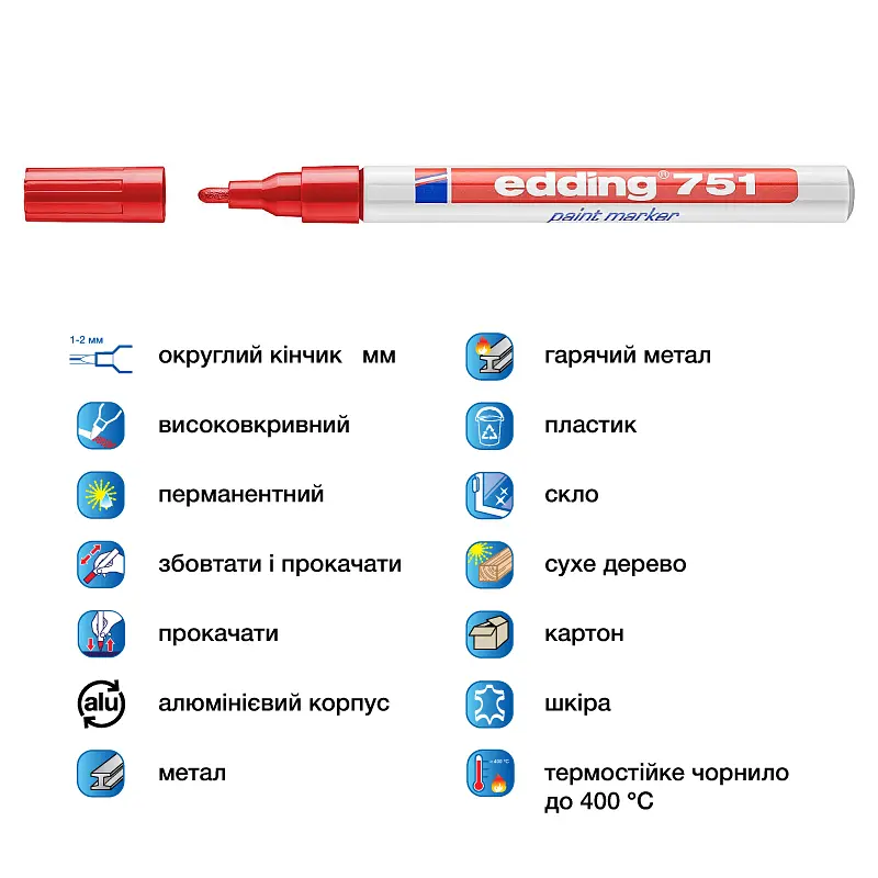 Маркер Edding Paint e-751 1-2 мм круглий червоний (e-751/02) - фото 4
