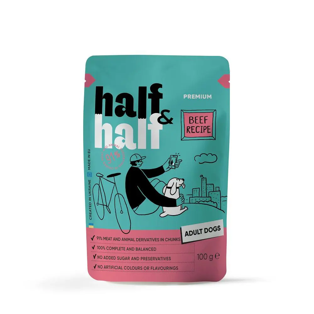 Корм вологий Half&Half Beef in Gravy for Adult Dogs, шматочки яловичини в соусі для дорослих собак, 100 г (арт.21267)