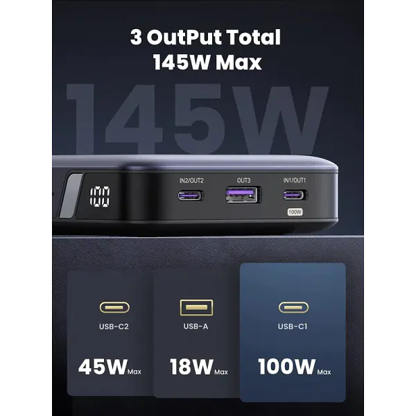 Зовнішній акумулятор UGREEN PB205 25000 мА·год 145 Вт Two-way PD 3.1 - 2 сторонній - фото 6