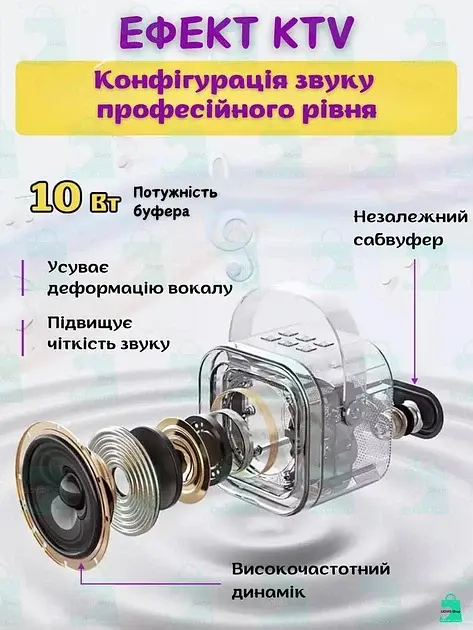 Бездротова колонка караоке з двома мікрофонами RGB підсвічування 5 режимів транслітерації 4 голоси сумісність з 3-ма пристроями - фото 6