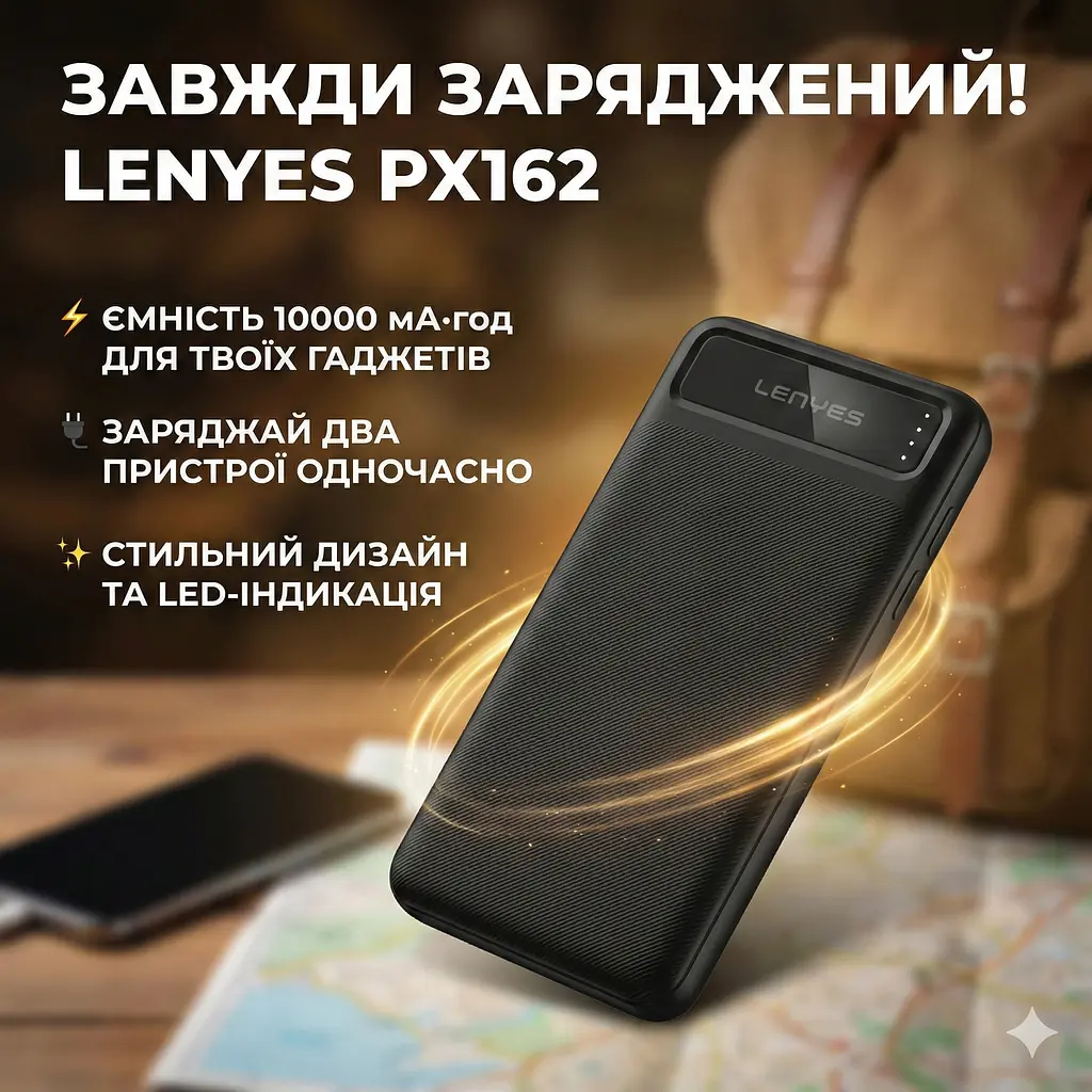 Зовнішній акумулятор PowerBank 10000 мА·год Lenyes PX162 компактний універсальний на 2 входи Чорний - фото 3