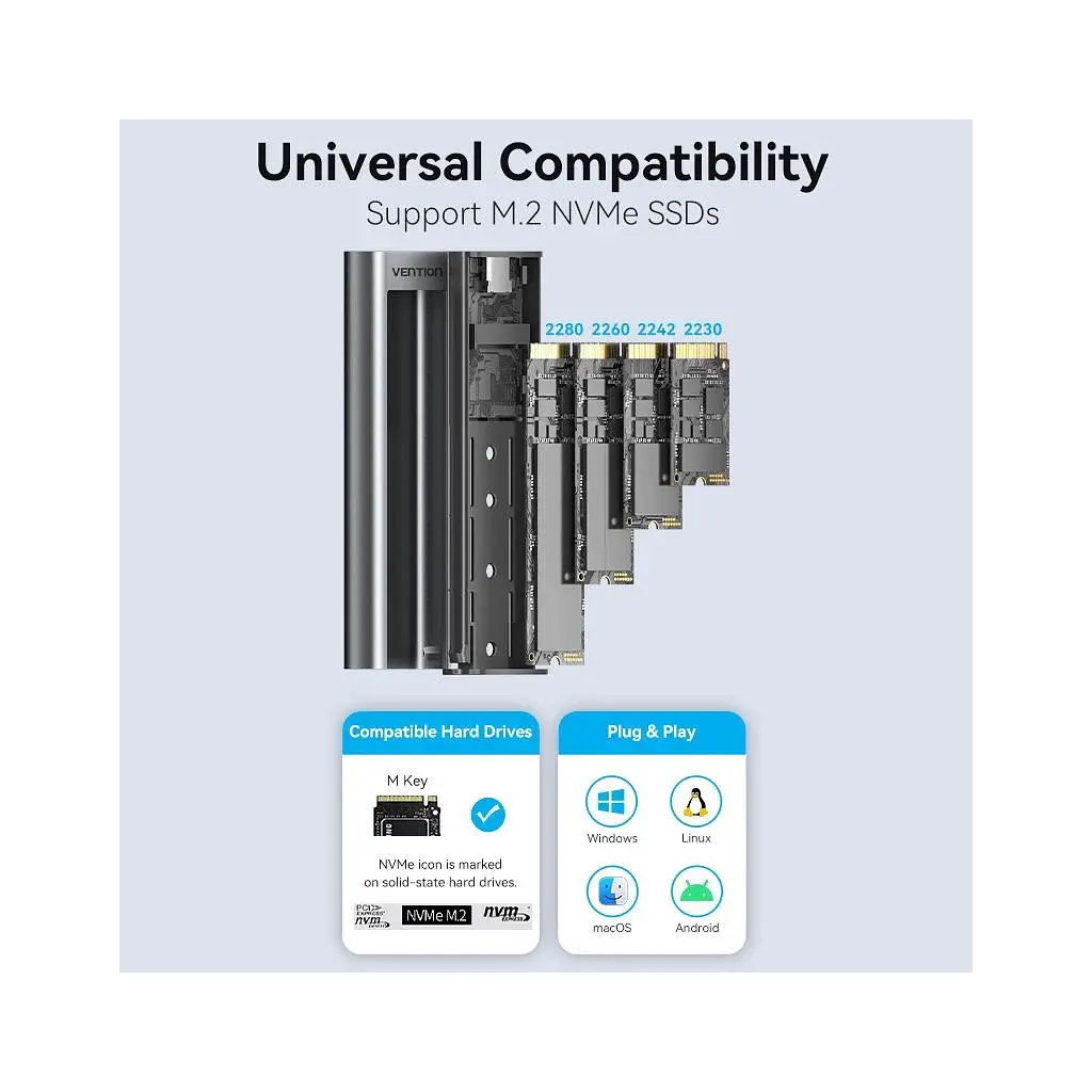 Кишеня зовнішня Vention SSD M.2 (NVME) M-key USB Type-C 3.2 10Gbps Heat Sink Aluminum (KPKH0) - фото 6